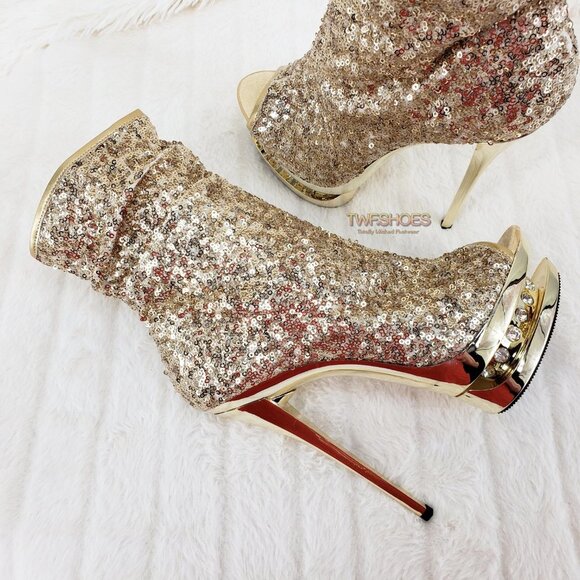 Luxurious Gold Sequin Slouchy High Heel Platform Ankle Boots 1008 - Picture 3 of 13